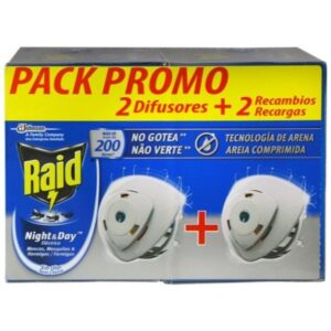Raid Night & Day repelente insecticida mosquitos, moscas y hormigas 2 Aparatos difusor eléctrico + 2 Recambios