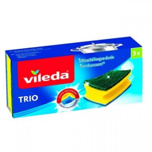 Vileda Trio Plus estropajo con fibra verde bayeta y esponja salvauñas 3 Unidades