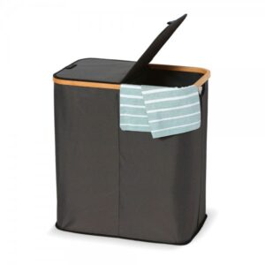Jobgar cesto alto 2 compartimentos de baño con tapa tela y bambú para ropa y multifuncional 58x54x34cm